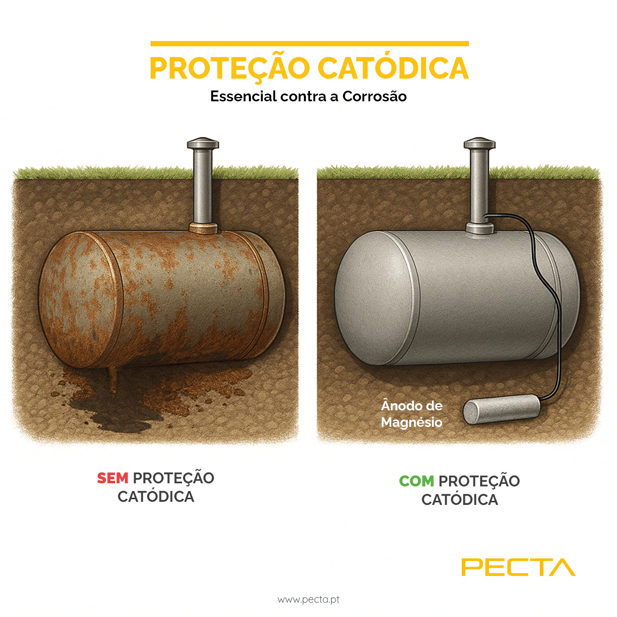 Ilustração de seção transversal técnica lado a lado comparando dois tanques de combustível de aço horizontais subterrâneos, enterrados no solo. À esquerda: um tanque sem proteção catódica — fortemente corroído, com ferrugem visível, degradação do metal e sinais de vazamento para o solo circundante. O rótulo diz "Sem Proteção Catódica". À direita: um tanque de aço limpo, bem preservado e sem corrosão, conectado a um ânodo de magnésio enterrado totalmente visível por meio de um cabo. O rótulo diz "Com Proteção Catódica". O solo é cortado para revelar todos os tanques e ânodos. Use texturas realistas e um estilo infográfico profissional, ideal para treinamento em engenharia ou indústria. Com fundo branco. Ilustração de seção transversal técnica lado a lado comparando dois tanques de combustível de aço horizontais subterrâneos, enterrados no solo. À esquerda: um tanque sem proteção catódica — fortemente corroído, com ferrugem visível, degradação do metal e sinais de vazamento para o solo circundante. O rótulo diz "Sem Proteção Catódica". À direita: um tanque de aço limpo, bem preservado e sem corrosão, conectado a um ânodo de magnésio enterrado totalmente visível por meio de um cabo. O rótulo diz "Com Proteção Catódica". O solo é cortado para revelar todos os tanques e ânodos. Use texturas realistas e um estilo infográfico profissional, ideal para treinamento em engenharia ou indústria. Com fundo branco.